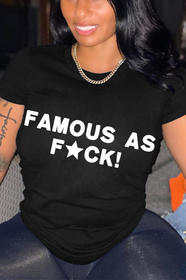 Black Casual Letter Print O Neck T-Shirts
