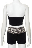 Black Sexy Leopard Print Hollow Out Patchwork Backless Strapless Sleeveless Two Pieces