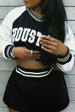 Black Casual Letters Patchwork O Neck Long Sleeve Two Pieces