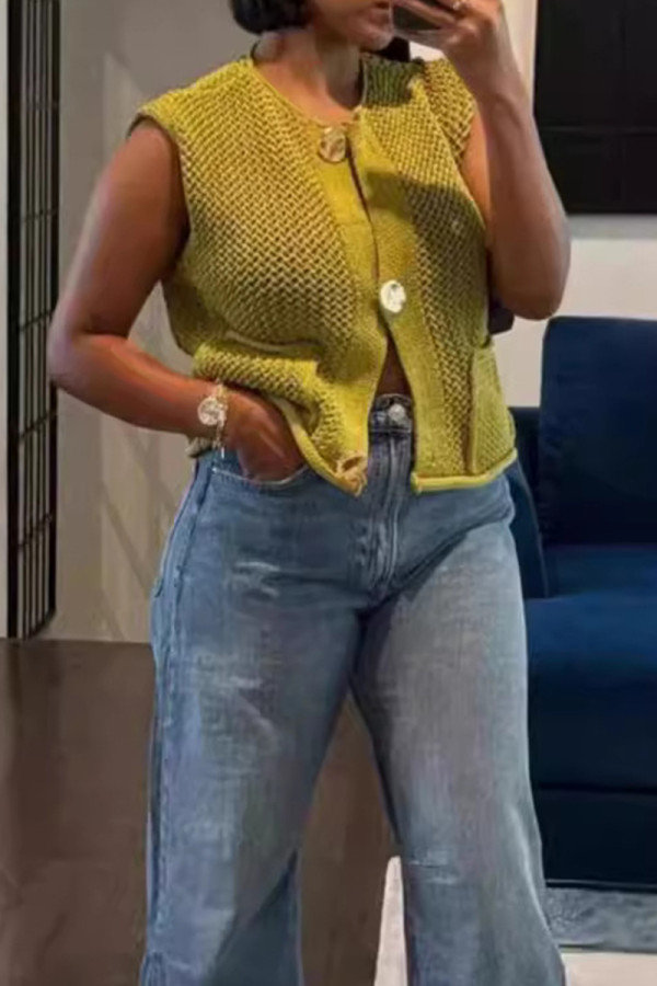 Lemon Yellow Sexy Solid Color Buckle Patchwork O Neck Tops