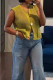 Lemon Yellow Sexy Solid Color Buckle Patchwork O Neck Tops