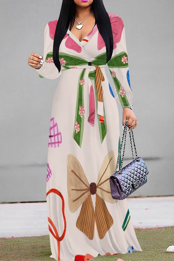 Pink Elegant Print Patchwork Strap Design V Neck Long Dresses