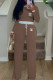 Khaki Casual Letter Print Draw String Contrast O Neck Long Sleeve Two Pieces