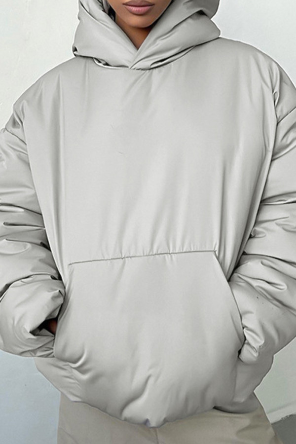 Grey Casual Solid Color Pocket Patchwork Hooded Tops