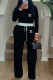 Black Casual Letter Print Draw String Contrast O Neck Long Sleeve Two Pieces