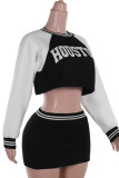 Black Casual Letters Patchwork O Neck Long Sleeve Two Pieces