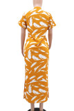 Yellow Elegant Print Buttons Patchwork Slit Mandarin Collar Long Dresses