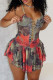 Colour Sexy Print Patchwork Backless Cross Straps Spaghetti Strap Sling Dresses