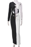 Black Sexy Hollow Out Patchwork Contrast Oblique Collar Long Dresses