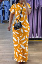 Yellow Elegant Print Buttons Patchwork Slit Mandarin Collar Long Dresses