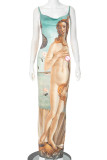 Colour Elegant Print Patchwork Backless Slit Spaghetti Strap Sling Dresses