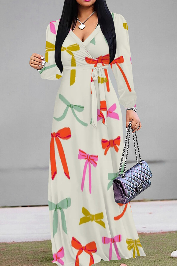 White Elegant Print Patchwork Strap Design V Neck Long Dresses