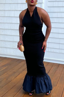 Black Sexy Solid Color Patchwork Backless Halter Long Dresses