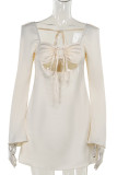Apricot Sexy Solid Color Patchwork Backless Ruched Strap Design Zipper Square Neck A Line Dresses