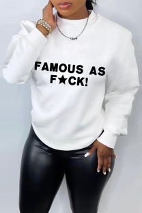 White Casual Daily Letter Print O Neck Tops