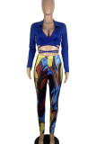 Blue Casual Print Patchwork Cross Straps V Neck Long Sleeve Two Pieces