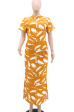 Yellow Elegant Print Buttons Patchwork Slit Mandarin Collar Long Dresses