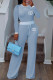 Sky Blue Casual Daily Letter Print Draw String Contrast O Neck Long Sleeve Two Pieces