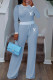 Sky Blue Casual Letter Print Draw String Contrast O Neck Long Sleeve Two Pieces