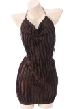 Brown Sexy Solid Color Patchwork Backless Strap Design Halter Sleeveless Two Pieces