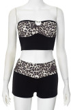 Black Sexy Leopard Print Hollow Out Patchwork Backless Strapless Sleeveless Two Pieces
