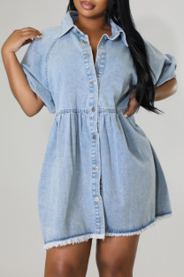 Blue Street Solid Color Buckle Patchwork Turndown Collar Short Sleeve Loose Denim Dresses