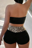 Black Sexy Leopard Print Hollow Out Patchwork Backless Strapless Sleeveless Two Pieces