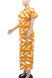 Yellow Elegant Print Buttons Patchwork Slit Mandarin Collar Long Dresses