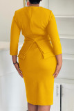 Yellow Elegant Solid Color Patchwork Zipper O Neck Wrapped Skirt Dresses