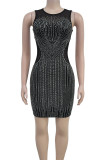 Black Sexy Patchwork See-Through Hot Drill Zipper O Neck Wrapped Skirt Dresses
