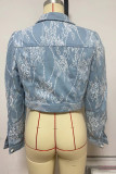 Light Blue Street Lace Pocket Buckle Patchwork Turndown Collar Long Sleeve Straight Denim Jacket