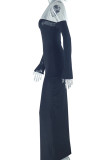 Black Elegant Patchwork Backless High Slit Halter Long Dresses