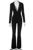 Black Casual Letters Patchwork Zipper Zipper Collar Skinny Jumpsuits