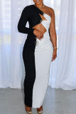 Black Sexy Hollow Out Patchwork Contrast Oblique Collar Long Dresses