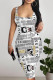 Black And White Sexy Letter Print Newspaper printing Contrast U Neck Printed Dresses