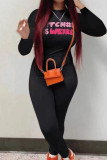 Black Pink Casual Letters Patchwork O Neck Skinny Jumpsuits