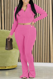 Pink Casual Solid Color Lace Up Patchwork Zipper Zipper Collar Long Sleeve Two Pieces