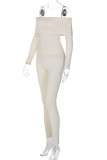 Apricot Casual Solid Color Patchwork Backless Off Shoulder Long Sleeve Two Pieces