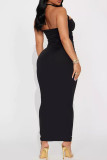 Black Sexy Solid Color Hollow Out Patchwork Backless Halter Long Dresses