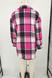 Rose Red Casual Plaid Pocket Buckle Patchwork Turndown Collar Outerwear