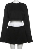 Black Casual Solid Color Patchwork O Neck Long Sleeve Two Pieces