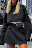 Black Casual Solid Color Patchwork O Neck Long Sleeve Two Pieces