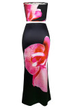 Black Sexy Print Patchwork Backless Strapless Sleeveless Two Pieces