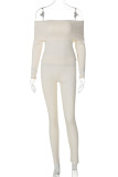 Apricot Casual Solid Color Patchwork Backless Off Shoulder Long Sleeve Two Pieces