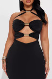 Black Sexy Solid Color Hollow Out Patchwork Backless Halter Long Dresses