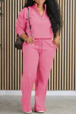 Red Casual Solid Color Draw String Pocket Patchwork Zipper Zipper Collar Long Sleeve Two Pieces