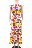 Multicolor Elegant Print Patchwork V Neck Long Dresses