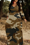 Green Casual Camouflage Print Patchwork O Neck Long Dresses