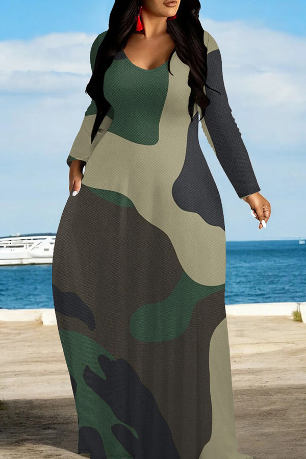 Green Casual Camouflage Print Patchwork O Neck Long Dresses