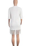 White Casual Letters Fringed Trim Sequins Patchwork O Neck Straight Dresses